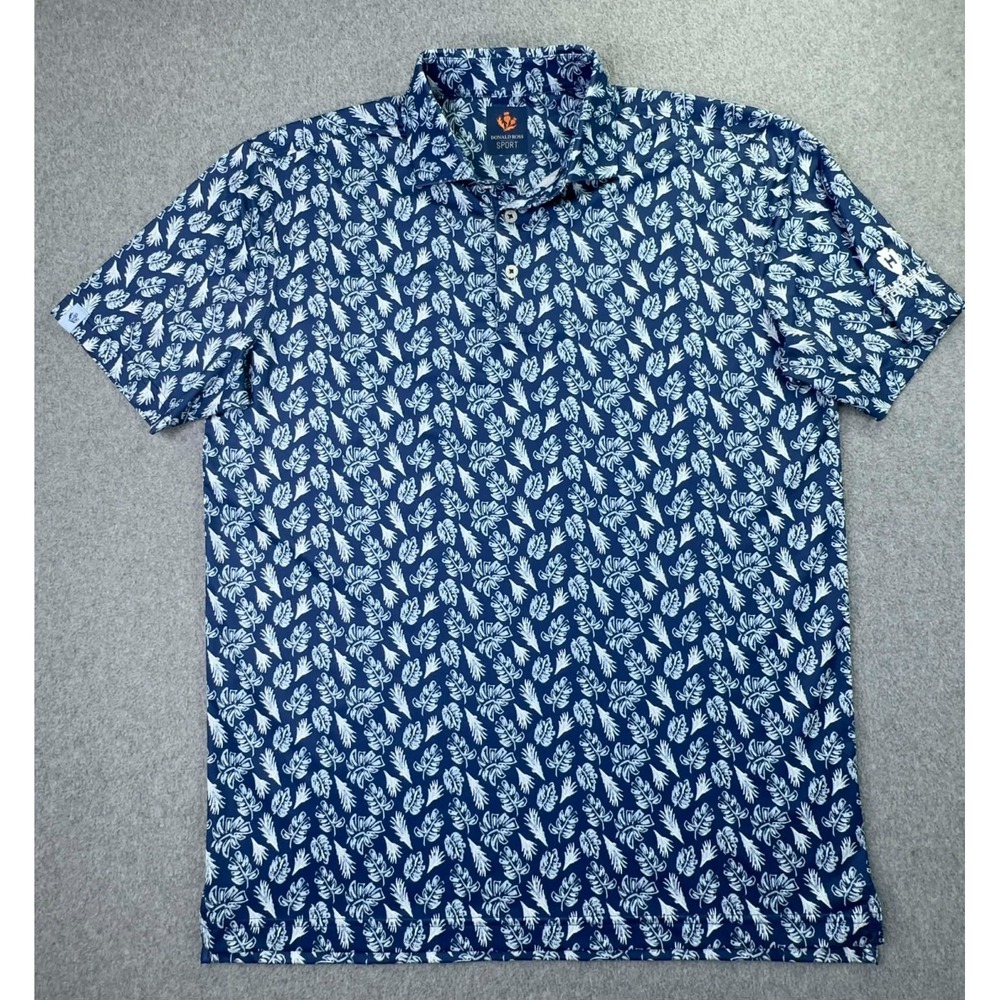 Donald Ross Polo Shirt Mens M Blue Monstera Print Golf Performance Polyester